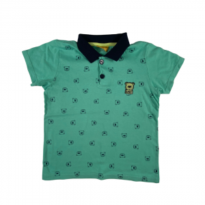 Camiseta com Gola Polo Verde e Marinho Estampa Ursinho