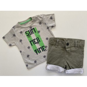 Conjunto Camiseta Coqueiros Up Baby + Short Sarja Verde Militar Tigor